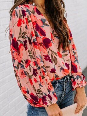 Medium Peach Blossom Printed Pleated Long pleated Sleeve Top peach magenta poppy